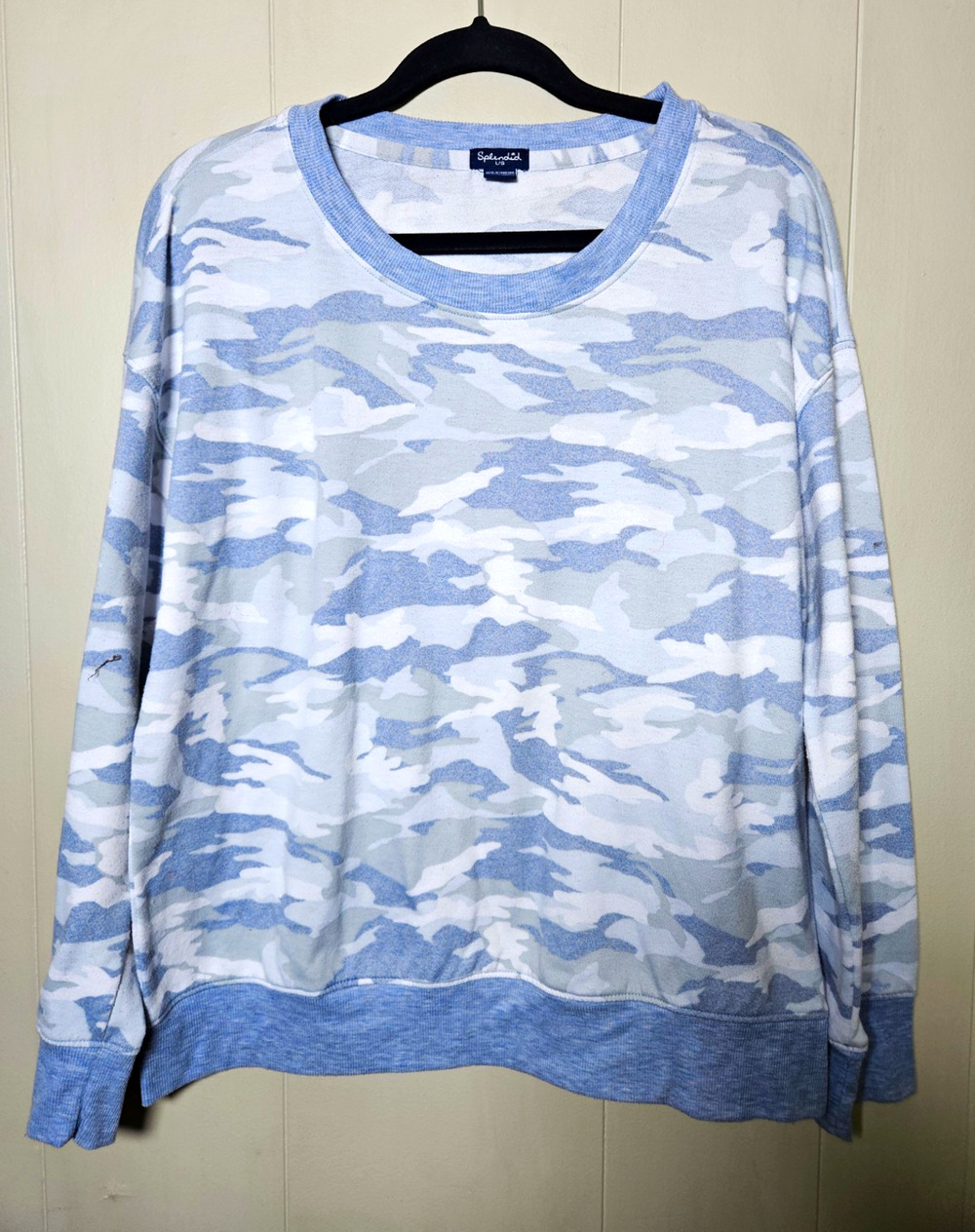 Splendid Women’s Crewneck Camo Pullover Sweatshirt Stretch Blue/White/Gray L